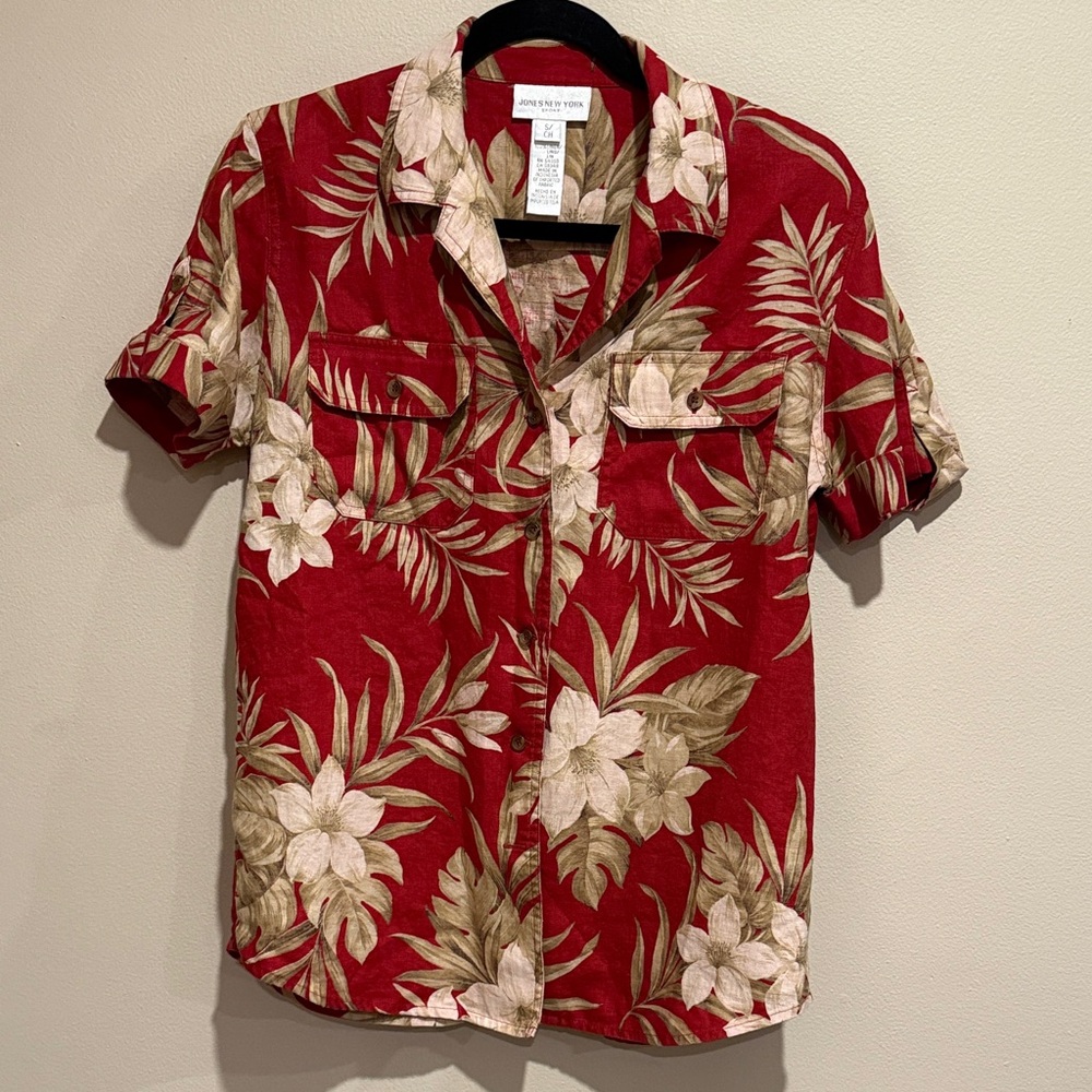 Jones New York Red Tan Hawaiian Tropical Aloha Island Wear Floral Vacation top